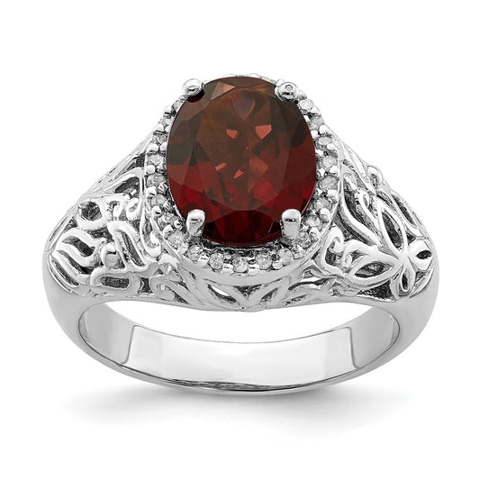 Sterling Silver Rhodium-plated Garnet & Diamond Ring