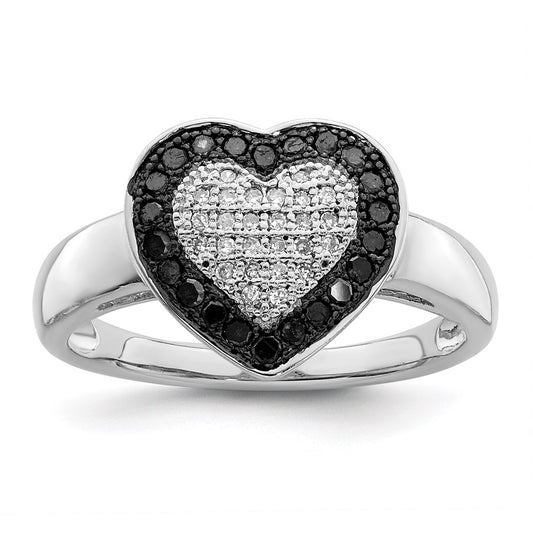 White Night Sterling Silver Rhodium-plated Black and White Diamond Heart Ring