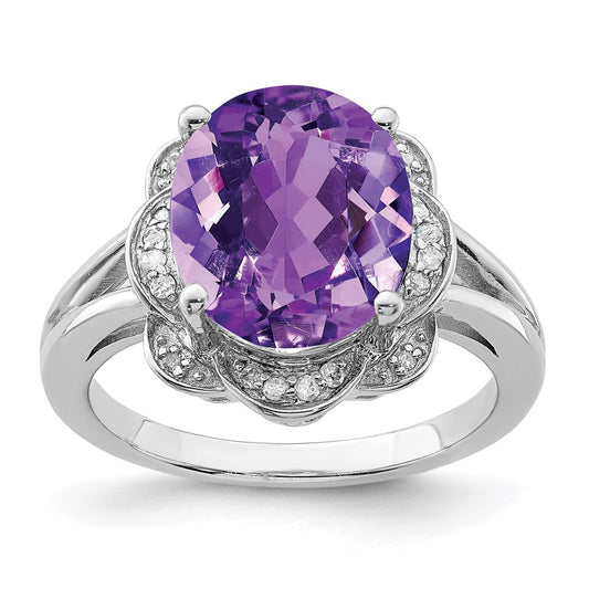 Sterling Silver Rhodium-plated Amethyst & Diamond Ring