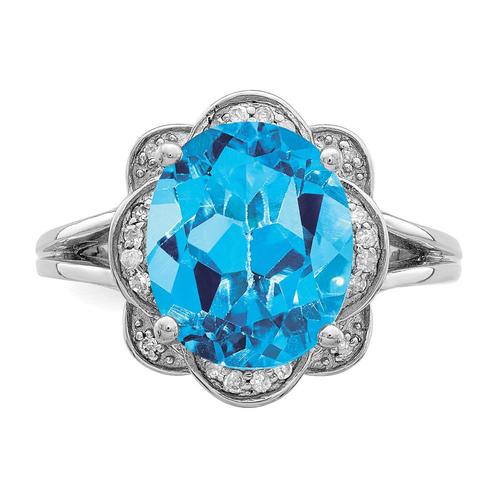 Sterling Silver Rhodium Swiss Blue Topaz & Diamond Ring