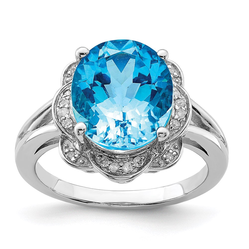 Sterling Silver Rhodium Swiss Blue Topaz & Diamond Ring