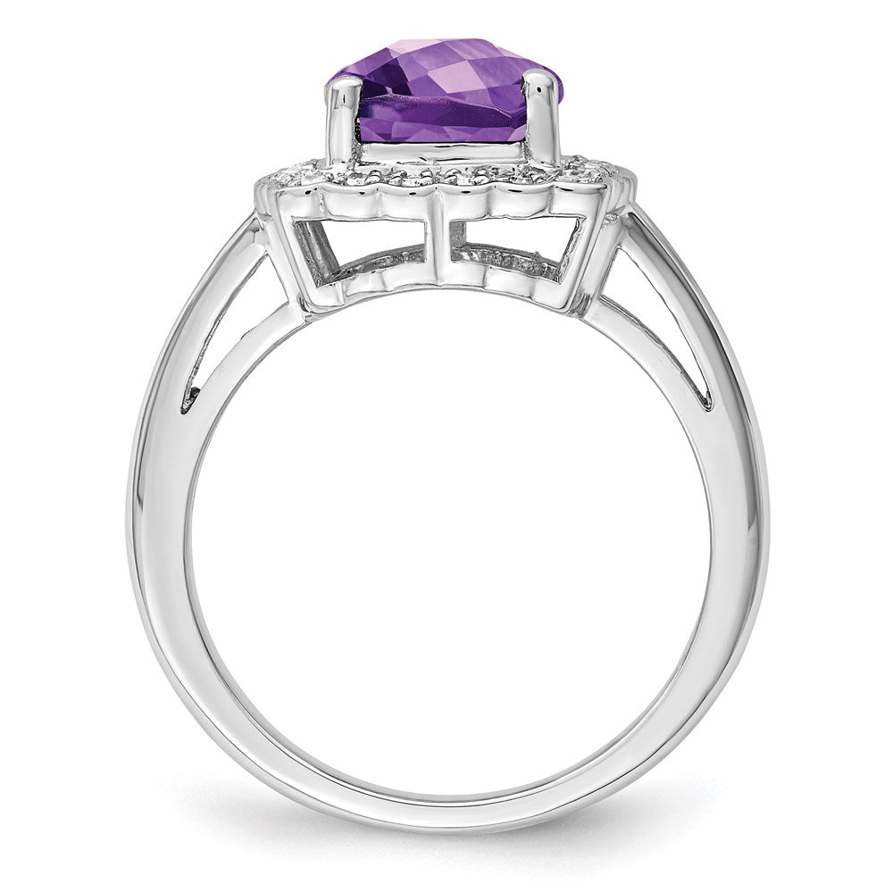 Sterling Silver Rhodium-plated Checker-Cut Amethyst & Diamond Ring