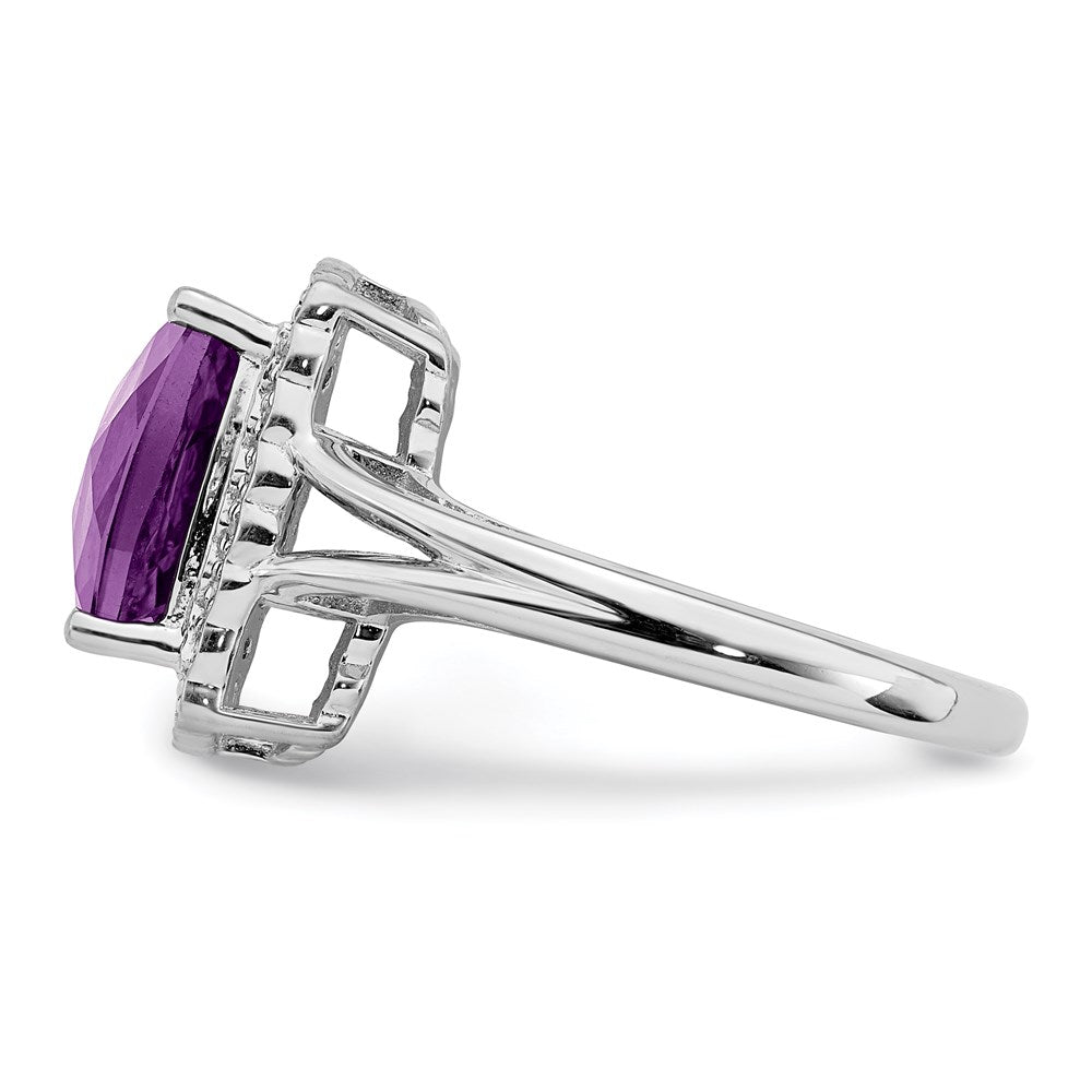 Sterling Silver Rhodium-plated Checker-Cut Amethyst & Diamond Ring