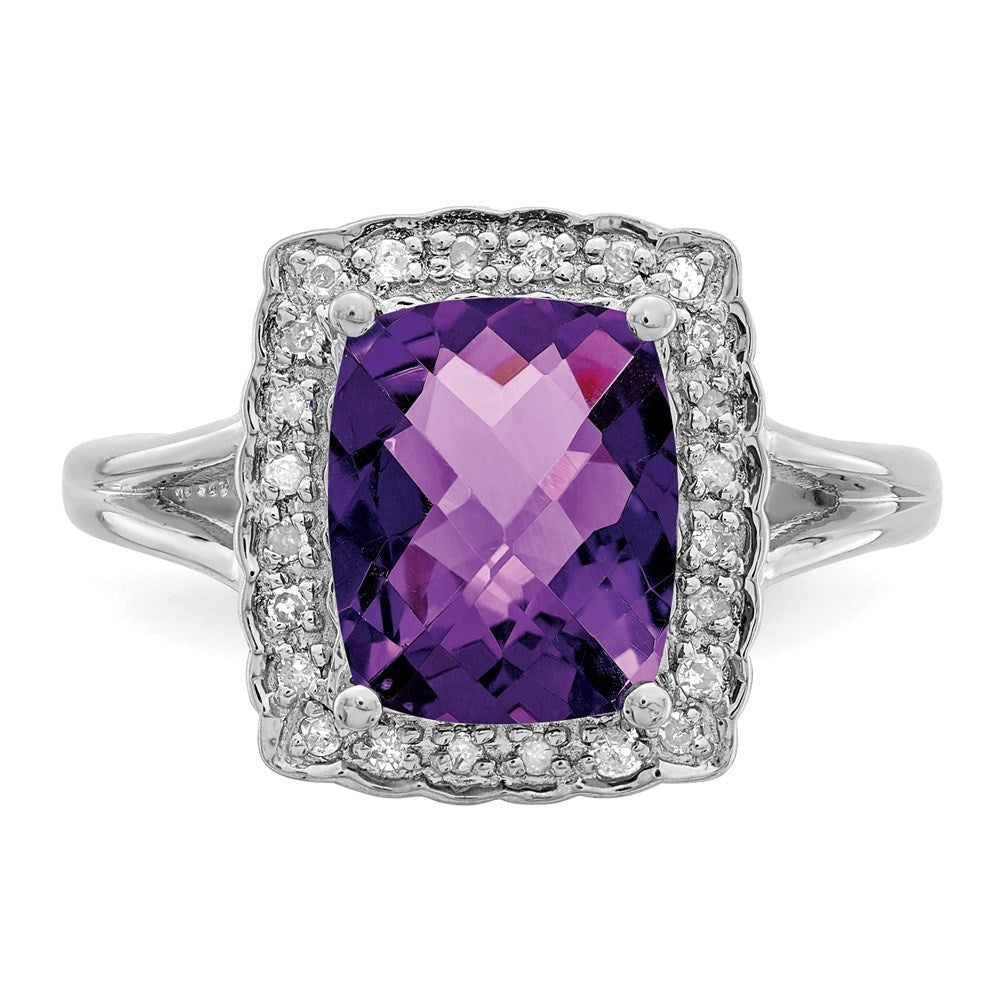 Sterling Silver Rhodium-plated Checker-Cut Amethyst & Diamond Ring