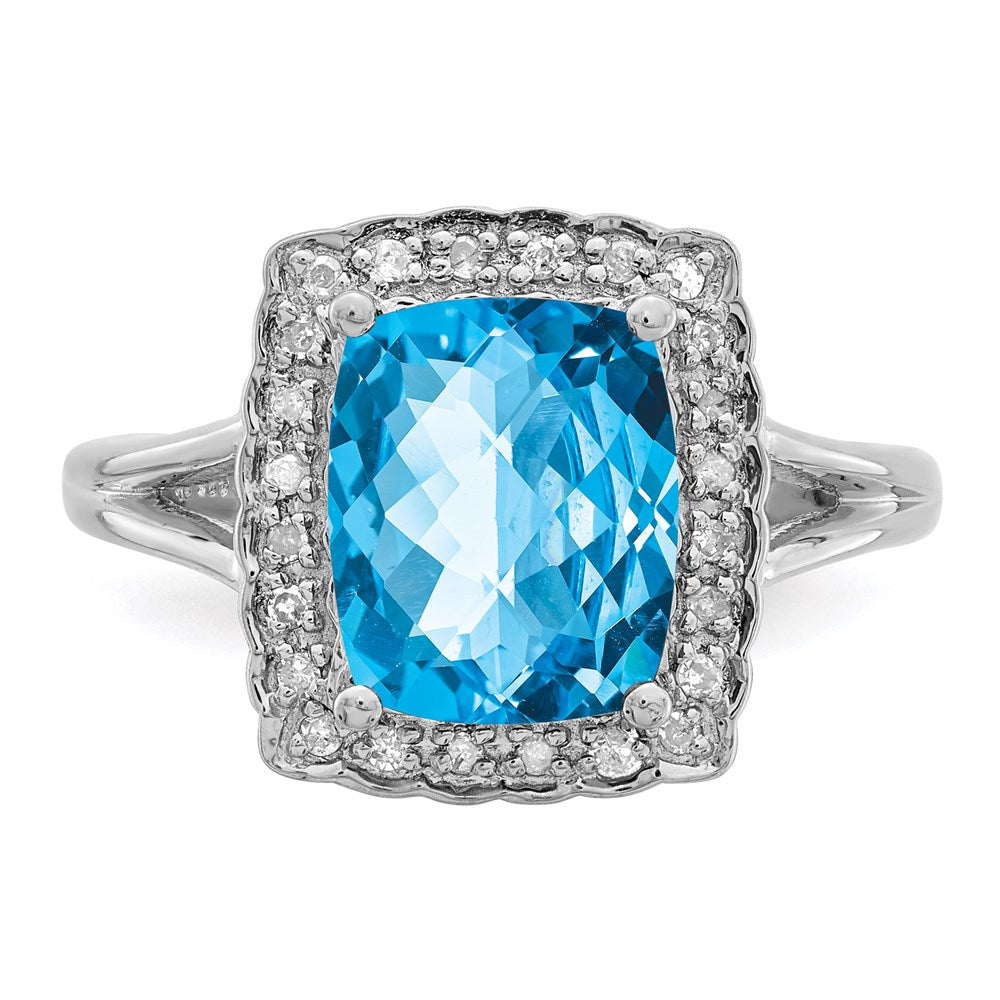 Sterling Silver Rhodium Checker-Cut Swiss Blue Topaz & Diamond Ring