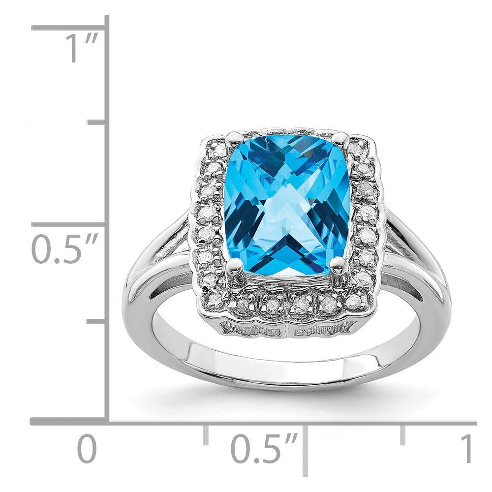 Sterling Silver Rhodium Checker-Cut Swiss Blue Topaz & Diamond Ring