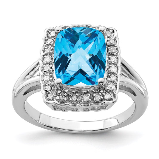 Sterling Silver Rhodium Checker-Cut Swiss Blue Topaz & Diamond Ring