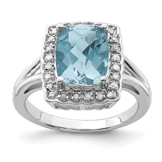 Sterling Silver Rhodium Checker-Cut Sky Blue Topaz & Diamond Ring