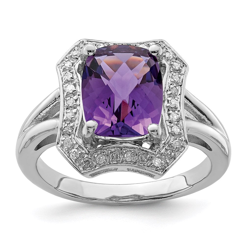 Sterling Silver Rhodium-plated Checker-Cut Amethyst & Diamond Ring