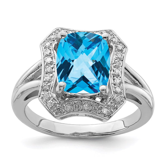 Sterling Silver Rhodium Swiss Blue Topaz & Diamond Ring