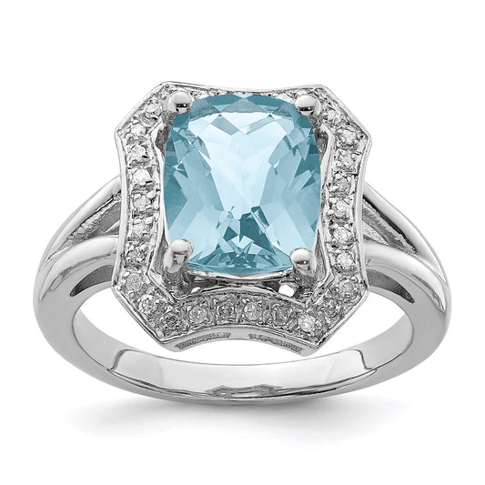 Sterling Silver Rhodium Checker-Cut Sky Blue Topaz & Diamond Ring