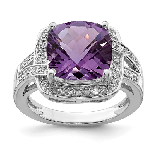 Sterling Silver Rhodium-plated Checker-Cut Amethyst & Diamond Ring