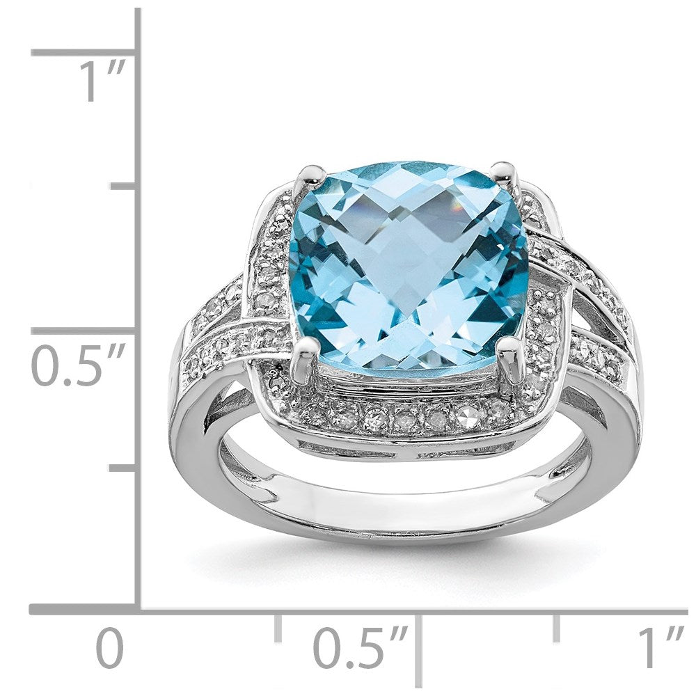 Sterling Silver Rhodium Checker-Cut Swiss Blue Topaz & Diamond Ring