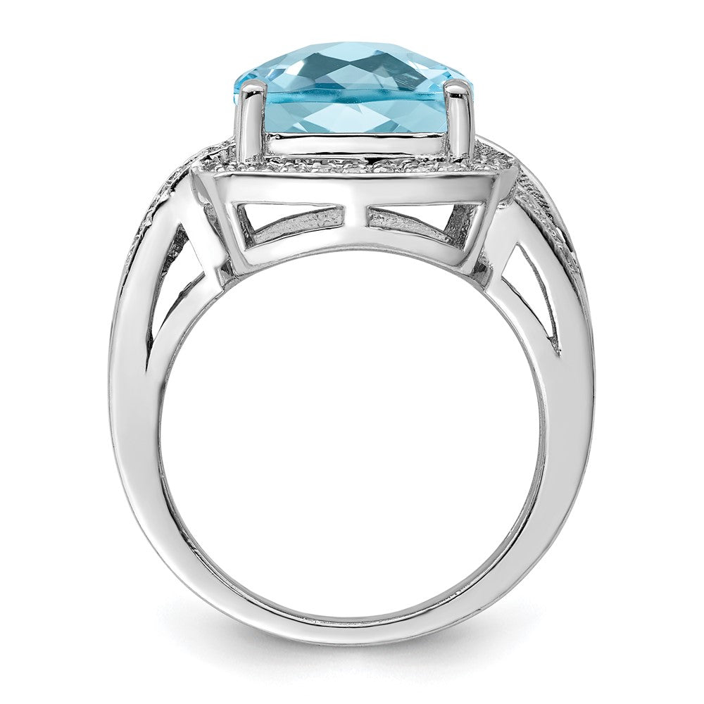 Sterling Silver Rhodium Checker-Cut Sky Blue Topaz & Diamond Ring