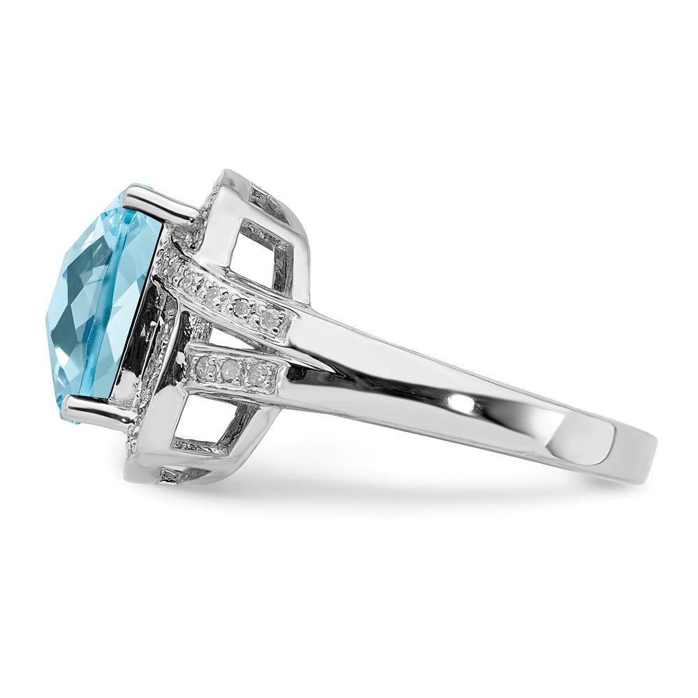 Sterling Silver Rhodium Checker-Cut Sky Blue Topaz & Diamond Ring