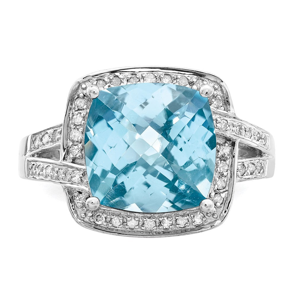 Sterling Silver Rhodium Checker-Cut Sky Blue Topaz & Diamond Ring