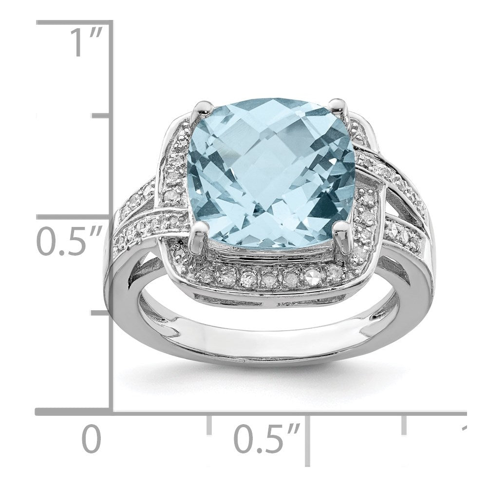 Sterling Silver Rhodium Checker-Cut Sky Blue Topaz & Diamond Ring