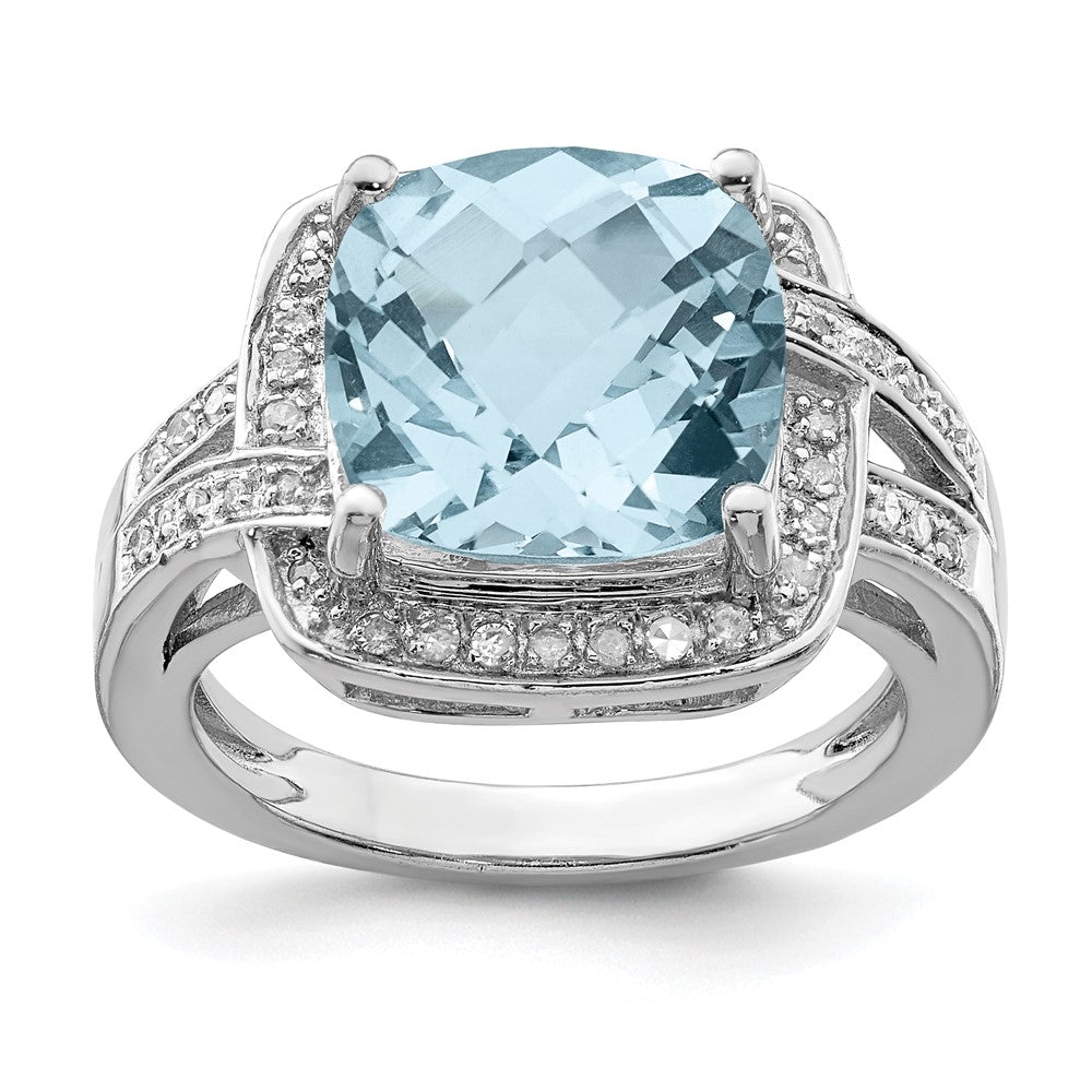 Sterling Silver Rhodium Checker-Cut Sky Blue Topaz & Diamond Ring