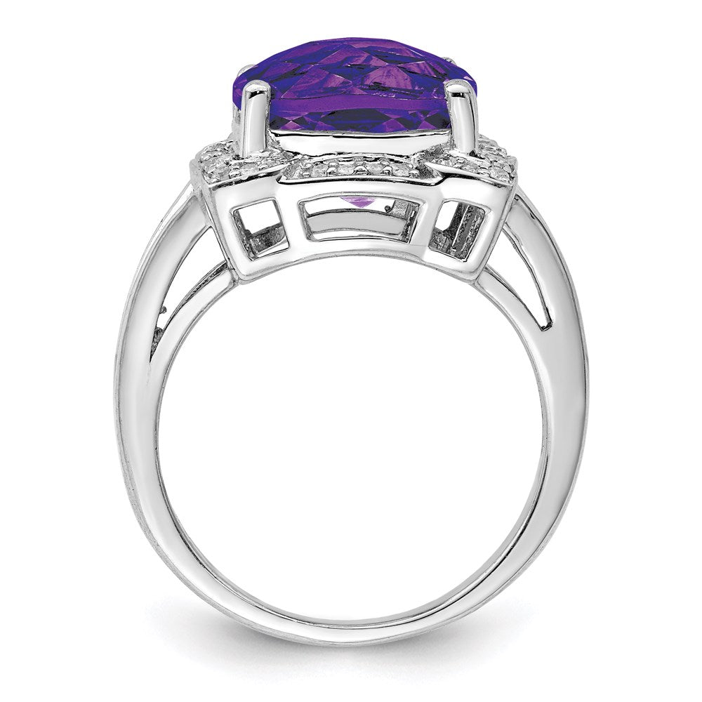 Sterling Silver Rhodium-plated Checker-Cut Amethyst & Diamond Ring