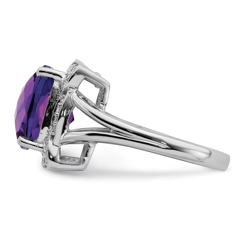 Sterling Silver Rhodium-plated Checker-Cut Amethyst & Diamond Ring