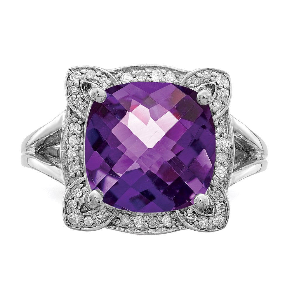 Sterling Silver Rhodium-plated Checker-Cut Amethyst & Diamond Ring