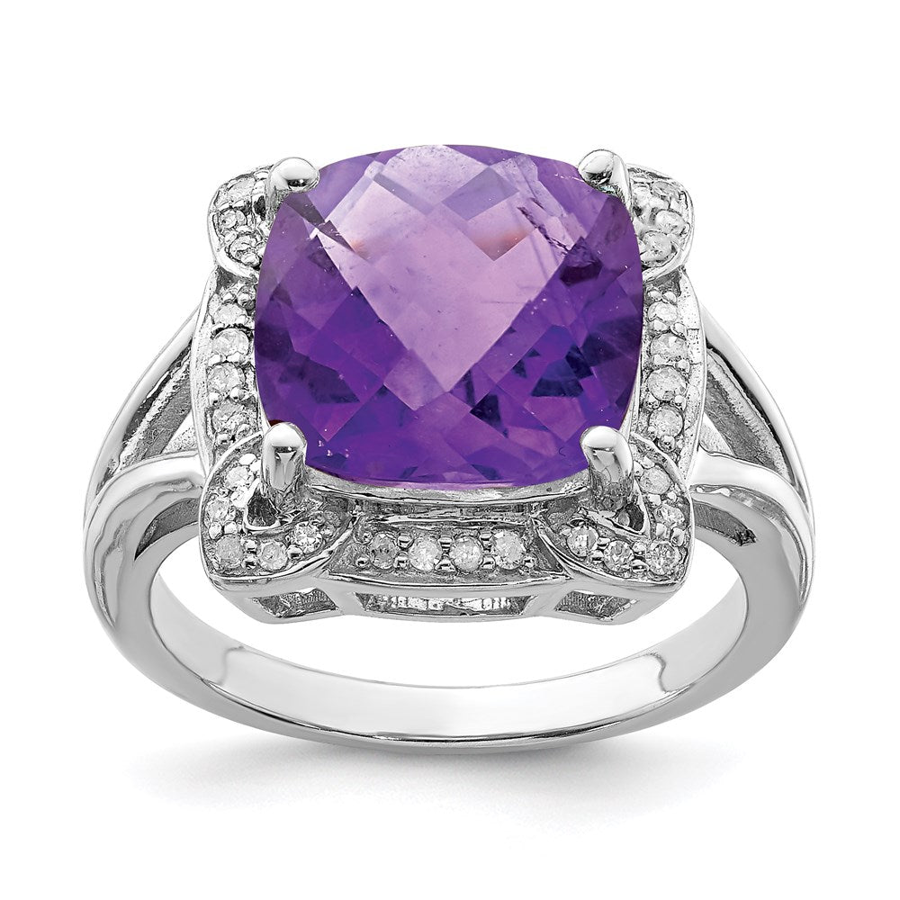 Sterling Silver Rhodium-plated Checker-Cut Amethyst & Diamond Ring