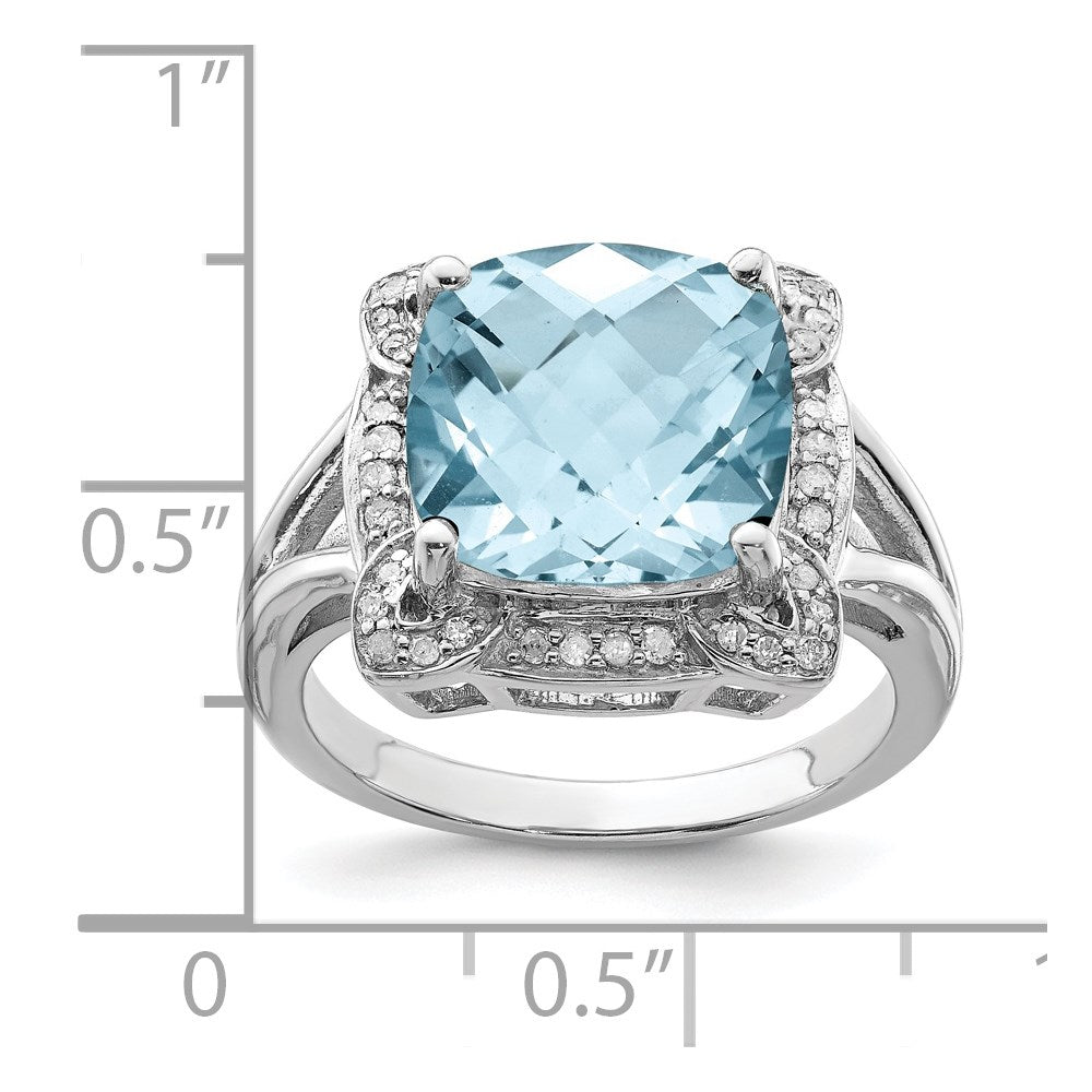 Sterling Silver Rhodium Checker-Cut Sky Blue Topaz & Diamond Ring