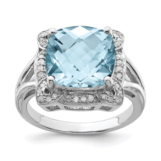 Sterling Silver Rhodium Checker-Cut Sky Blue Topaz & Diamond Ring