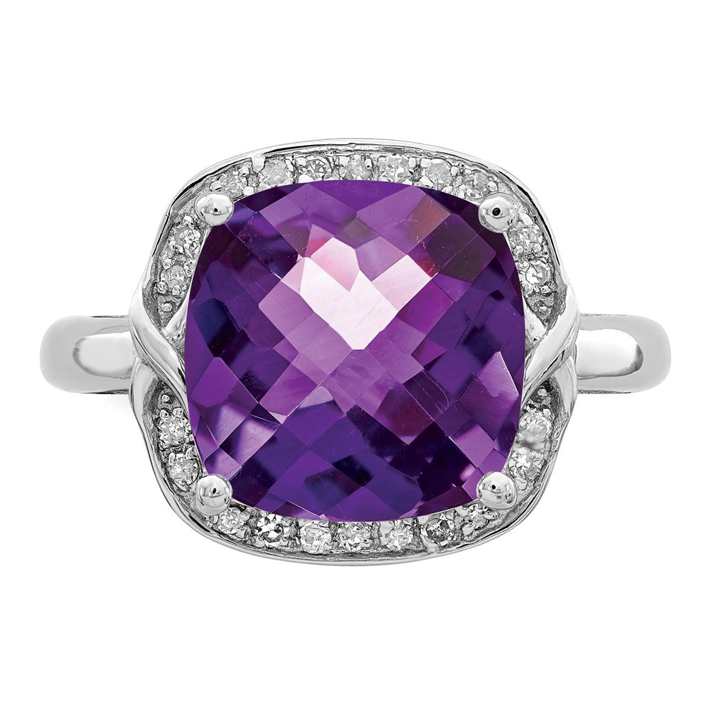 Sterling Silver Rhodium-plated Checker-Cut Amethyst & Diamond Ring