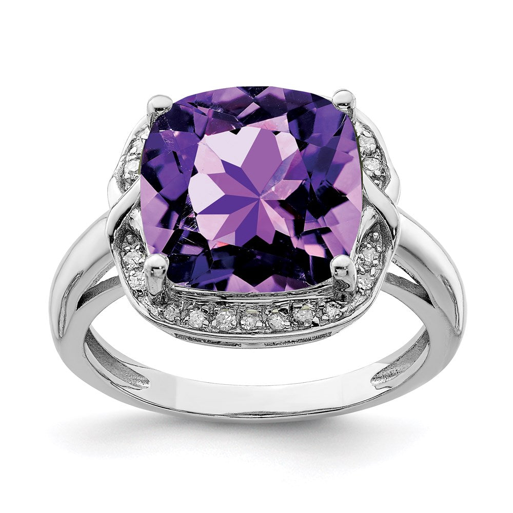 Sterling Silver Rhodium-plated Checker-Cut Amethyst & Diamond Ring