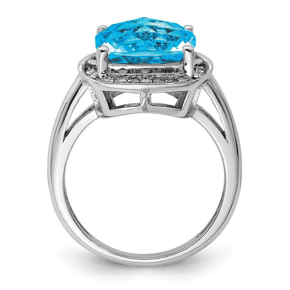 Sterling Silver Rhodium Checker-Cut Swiss Blue Topaz & Diamond Ring