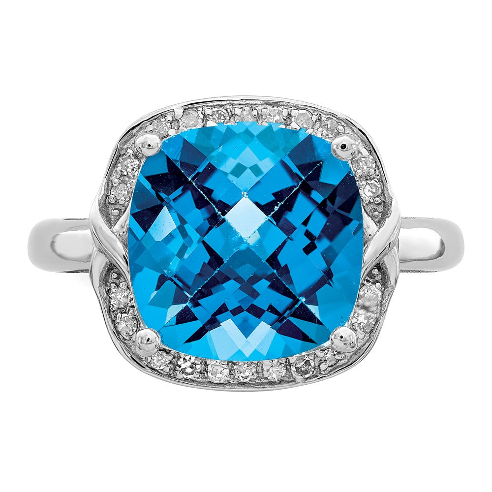 Sterling Silver Rhodium Checker-Cut Swiss Blue Topaz & Diamond Ring