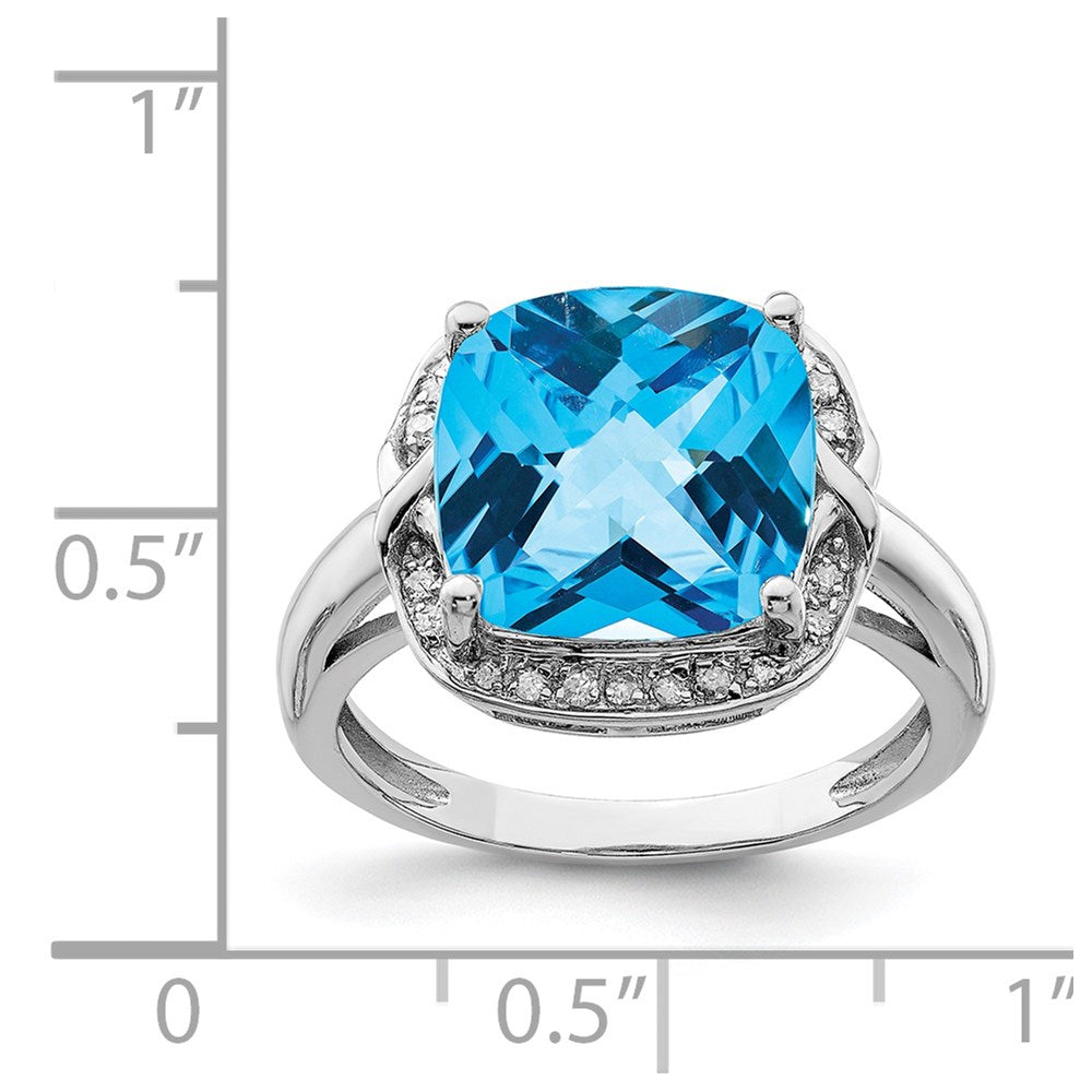 Sterling Silver Rhodium Checker-Cut Swiss Blue Topaz & Diamond Ring