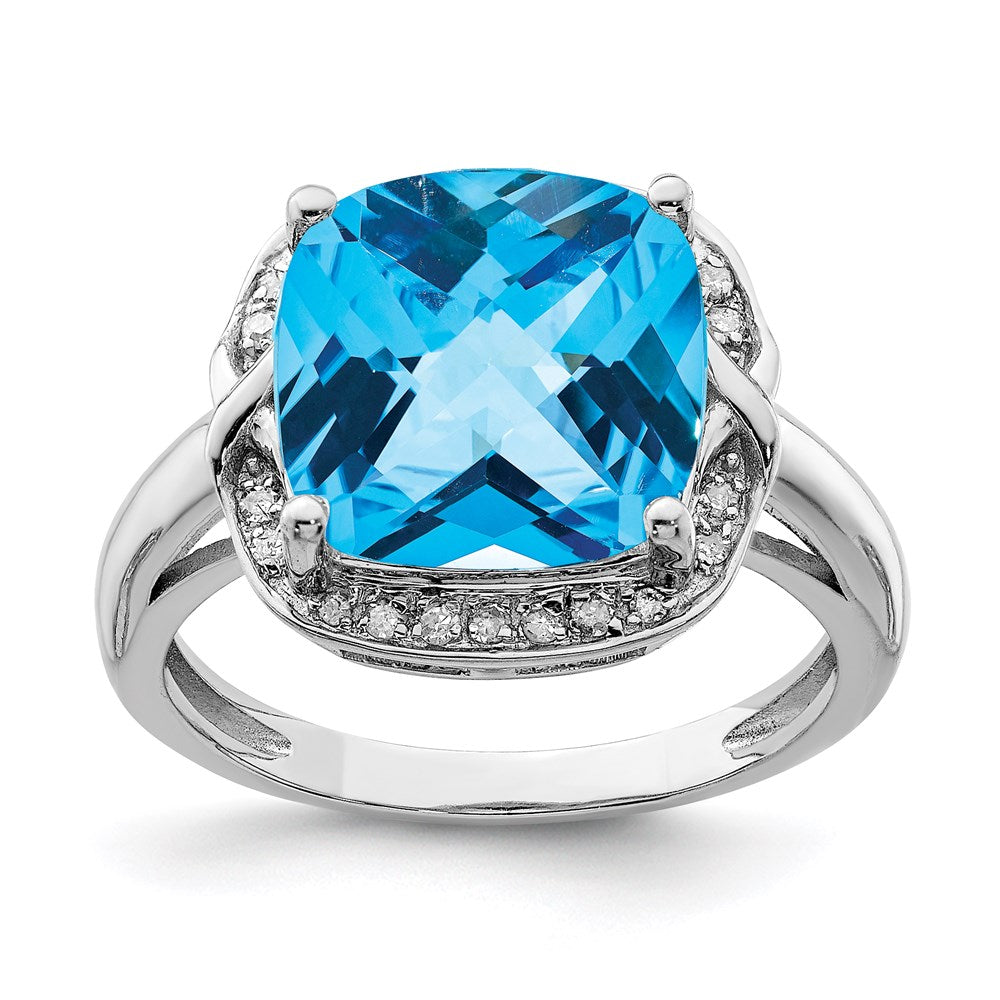 Sterling Silver Rhodium Checker-Cut Swiss Blue Topaz & Diamond Ring