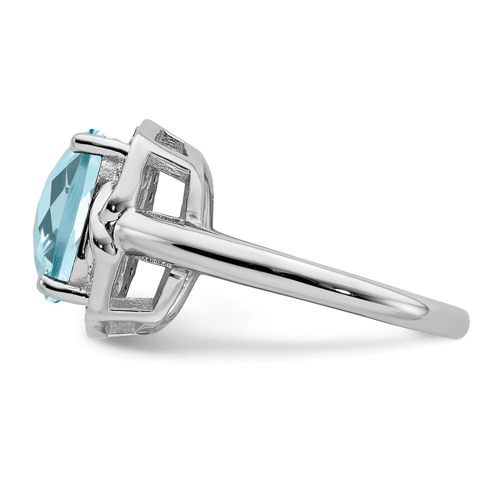 Sterling Silver Rhodium Checker-Cut Sky Blue Topaz & Diamond Ring