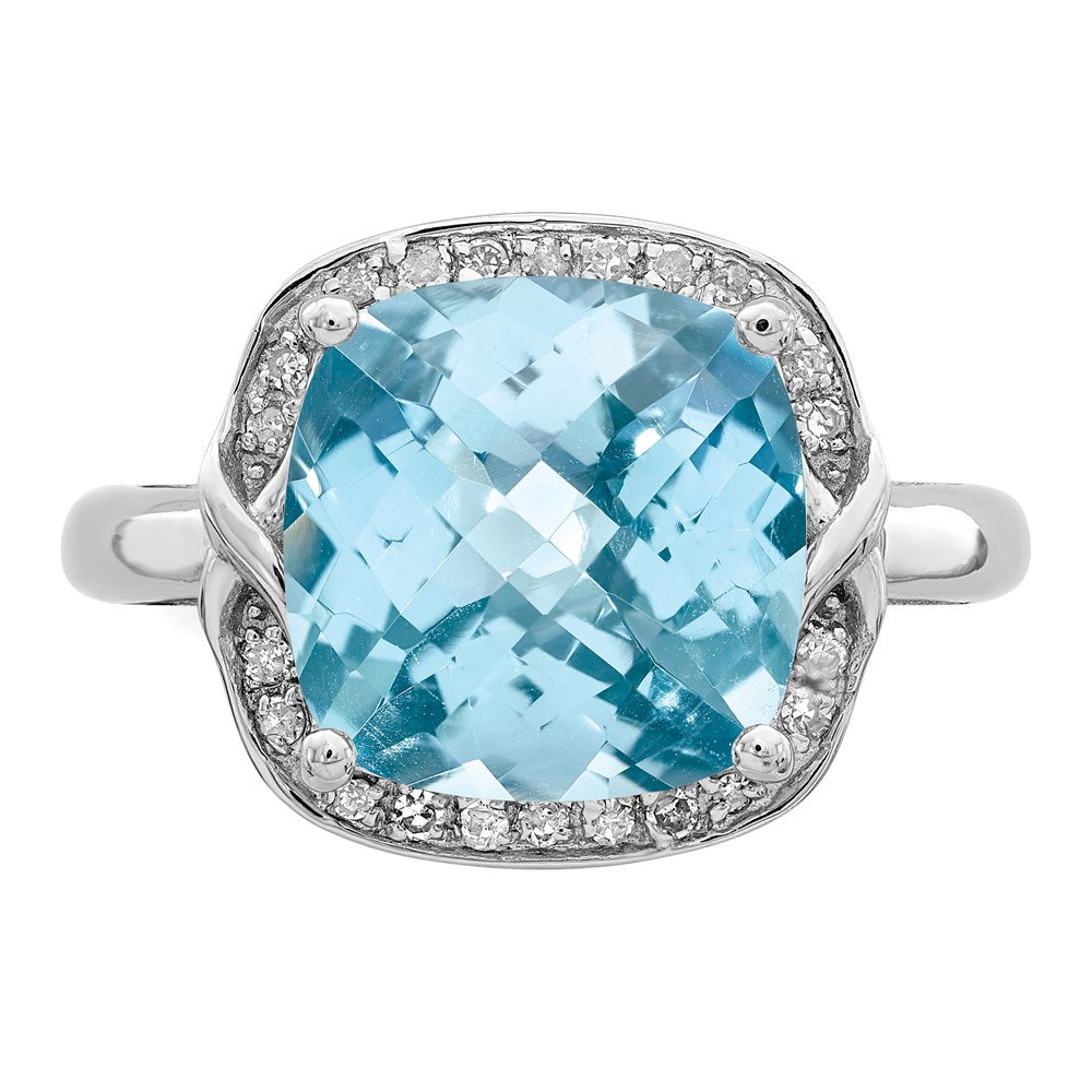 Sterling Silver Rhodium Checker-Cut Sky Blue Topaz & Diamond Ring