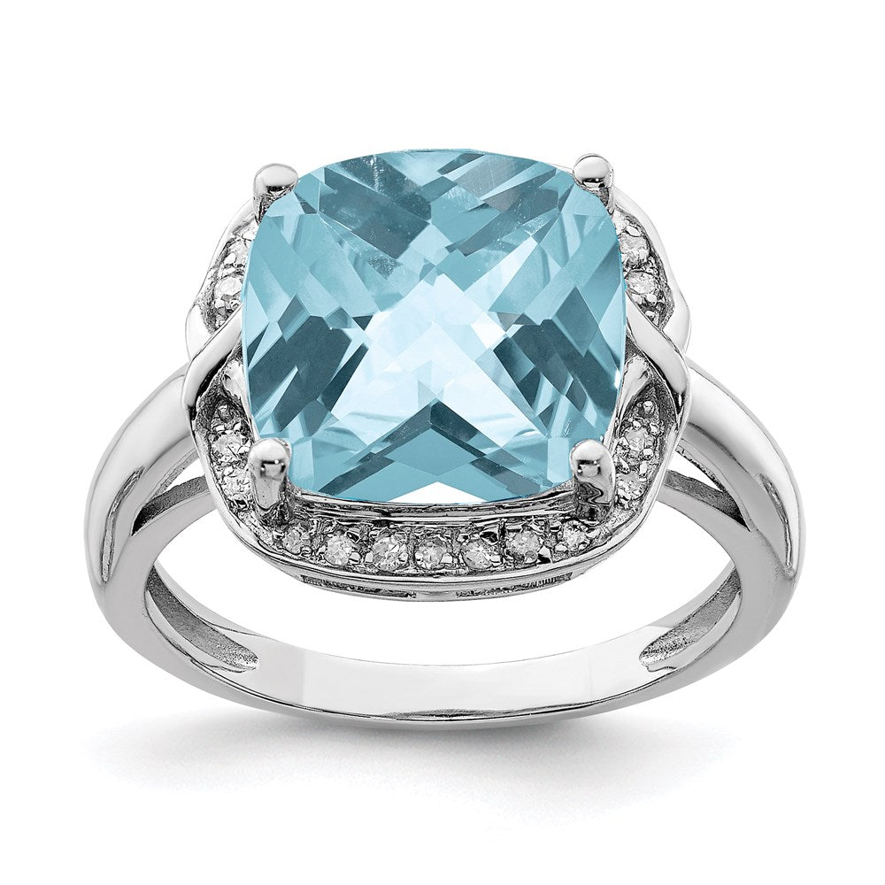 Sterling Silver Rhodium Checker-Cut Sky Blue Topaz & Diamond Ring