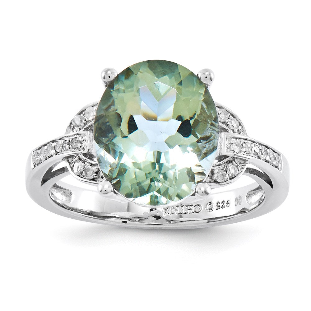 Sterling Silver Rhodium-plated Green Quartz & Diamond Ring