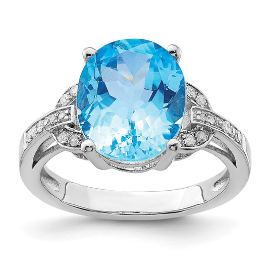 Sterling Silver Rhodium Swiss Blue Topaz & Diamond Ring