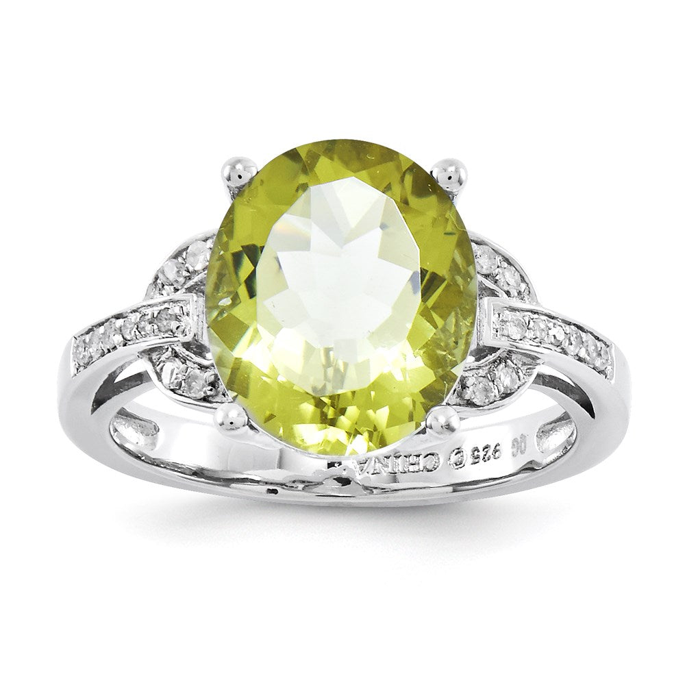 Sterling Silver Rhodium-plated Lemon Quartz & Diamond Ring