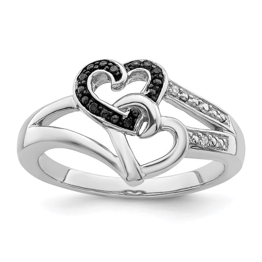 White Night Sterling Silver Rhodium-plated Black and White Diamond Heart Ring