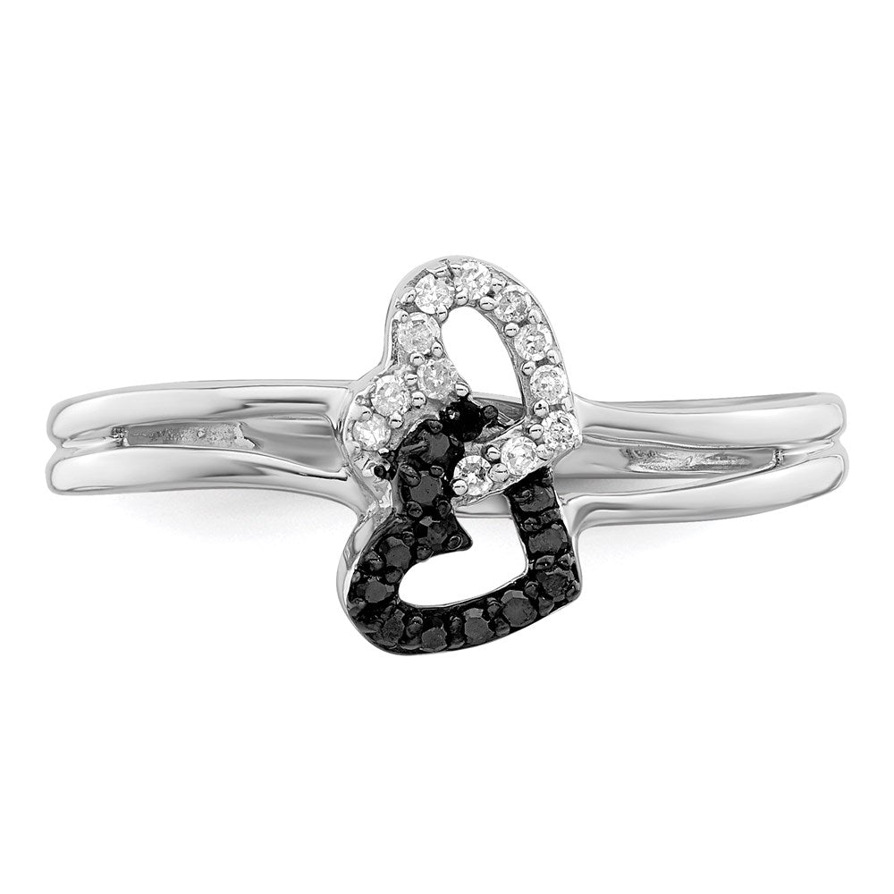 White Night Sterling Silver Rhodium-plated Black and White Diamond Double Heart Ring