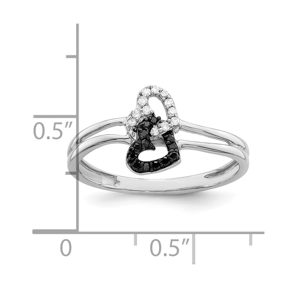 White Night Sterling Silver Rhodium-plated Black and White Diamond Double Heart Ring