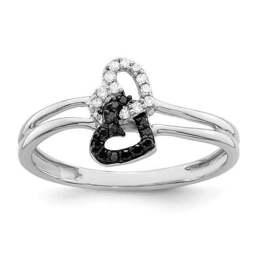 White Night Sterling Silver Rhodium-plated Black and White Diamond Double Heart Ring