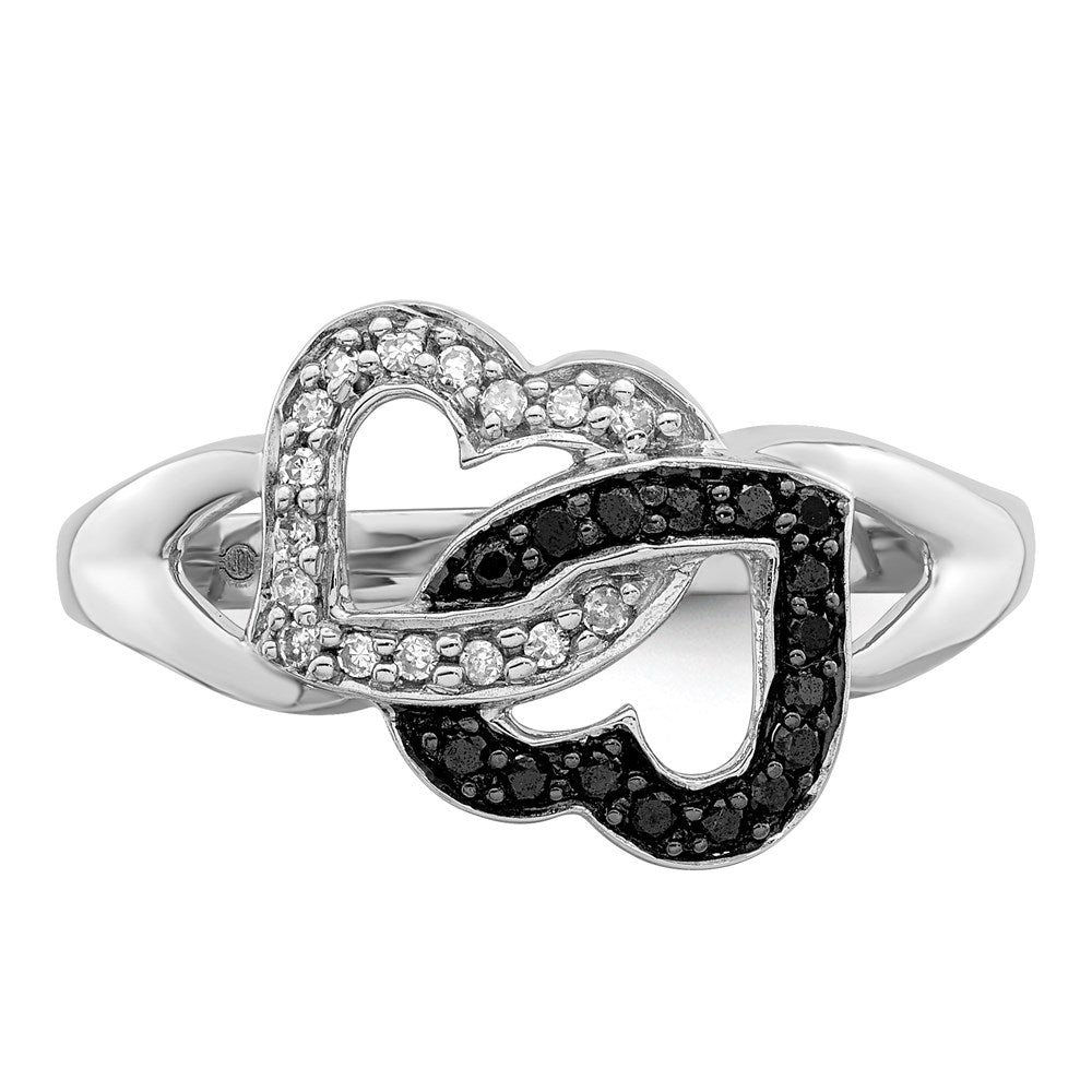 White Night Sterling Silver Rhodium-plated Black and White Diamond Hearts Ring