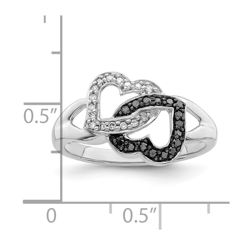 White Night Sterling Silver Rhodium-plated Black and White Diamond Hearts Ring