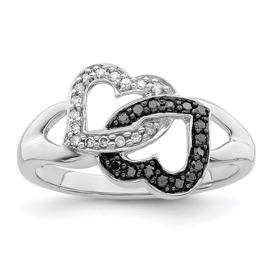 White Night Sterling Silver Rhodium-plated Black and White Diamond Hearts Ring