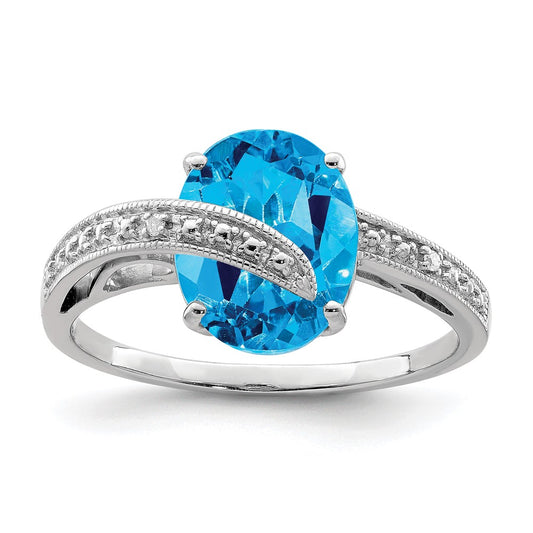 Sterling Silver Rhodium-plated Polished Swiss Blue Topaz Dia Accent Ring