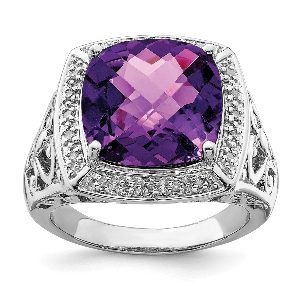 Sterling Silver Rhodium-plated Amethyst and Diamond Ring