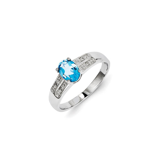 Sterling Silver Rhodium Plated Diamond & Light Swiss Blue Topaz Ring